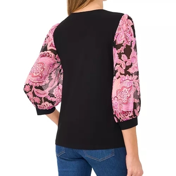 CeCe Black Blouse with Pink Floral Sleeves. Excellent Condition NWOT Size XL - Picture 4 of 12